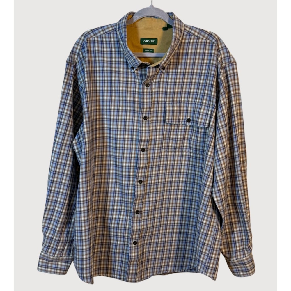 Orvis Heritage Wash Shirt XXL Blue/White Checks Plaid Long Sleeve‎ Button Down
